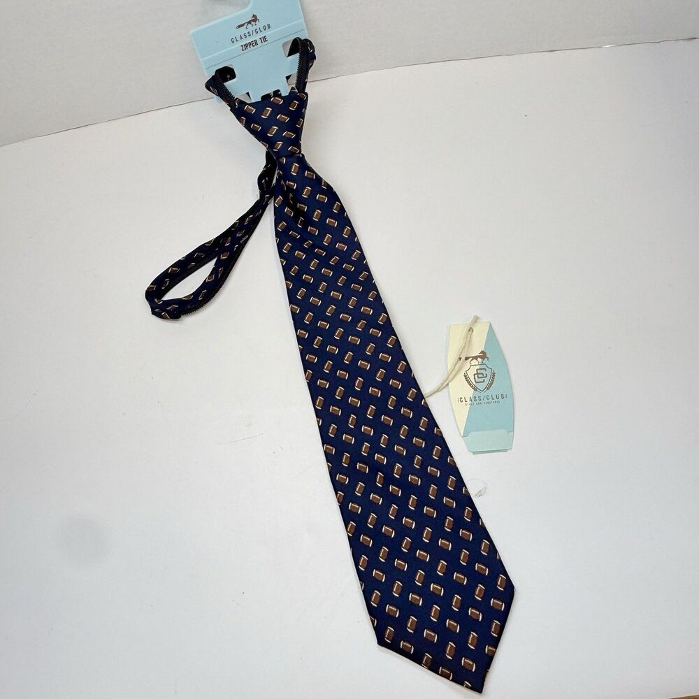 Class Club Boys Navy Blue W/Brown Football Print 100% Silk Zipper Neck Tie New